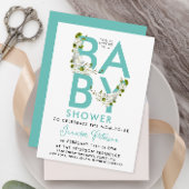 Modern Script Turquoise Baby shower Floral Kaart