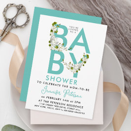 Modern Script Turquoise Baby shower Floral Kaart