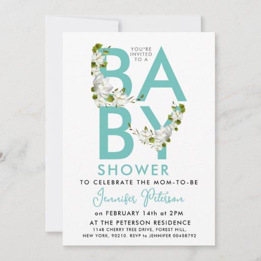 Modern Script Turquoise Baby shower Floral Kaart (Voorkant)