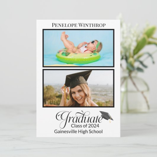 Modern Script Twee Foto Afstuderen Aankondiging (Staand voorkant)