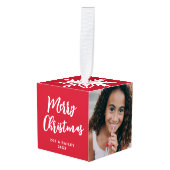 Modern Script Twee Foto Sneeuwvlok Kerst Rood Decoratie (Voorkant hoekig)