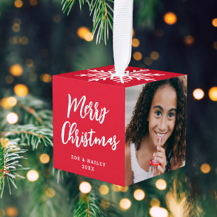 Modern Script Twee Foto Sneeuwvlok Kerst Rood Decoratie