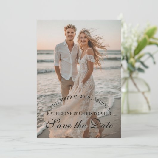 Modern Script Two Beach Photos Destination Wedding Save The Date (Staand voorkant)