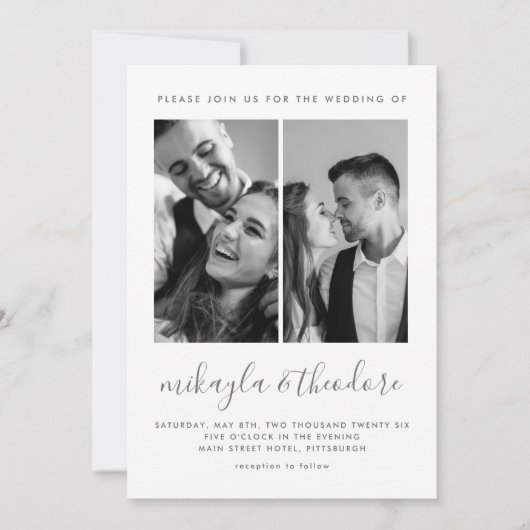 Modern Script Two Photo Wedding Invitation Kaart (Voorkant)