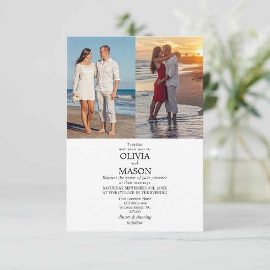 Modern Script Two Photo Wedding Invitation Kaart (Staand voorkant)
