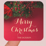 Modern Script Typografie Red Merry Christmas Vierkante Sticker<br><div class="desc">Voeg een vleugje verfijning toe aan uw vakantiegroeten met onze Elegant Script Typography Red Merry Christmas Classic ronde Sticker. Het tijdloze script in feestelijk rood straalt warmte en charme uit, waardoor het het perfecte accent is voor je kerstkaarten, cadeaus of decoraties. Verhoog uw vakantieseizoen met deze klassieke sticker, die traditie...</div>