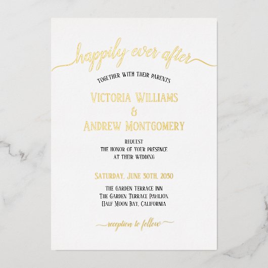 Modern Script Typography Black Gold Wedding Folie Uitnodiging (Voorkant)