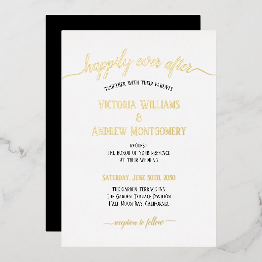 Modern Script Typography Black Gold Wedding Folie Uitnodiging (Voorkant / Achterkant)