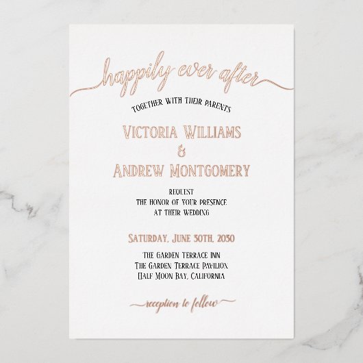 Modern Script Typography Roos Gold Wedding Folie Uitnodiging (Voorkant)