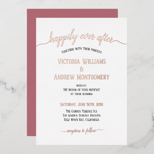 Modern Script Typography Roos Gold Wedding Folie Uitnodiging (Voorkant / Achterkant)