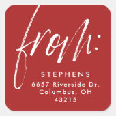 Modern script van rood wit retouradres vierkante sticker (Voorkant)