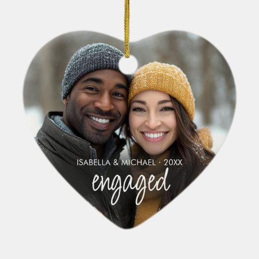 Modern Script verloofd paar foto vakantie hart Keramisch Ornament (Achterkant)