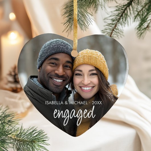 Modern Script verloofd paar foto vakantie hart Keramisch Ornament