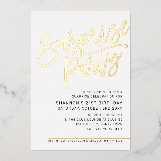 MODERN SCRIPT verrassing verjaardagsfeest zwart go Folie Uitnodiging (Voorkant)