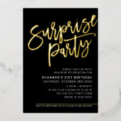 MODERN SCRIPT verrassingsfeest zwarte gouden feest Folie Uitnodiging (Voorkant)
