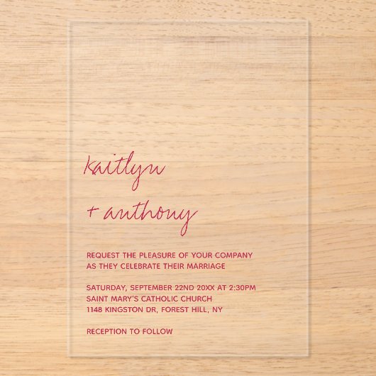 Modern Script Viva Magenta minimalistisch huwelijk Acryl Uitnodigingen (Voorkant)