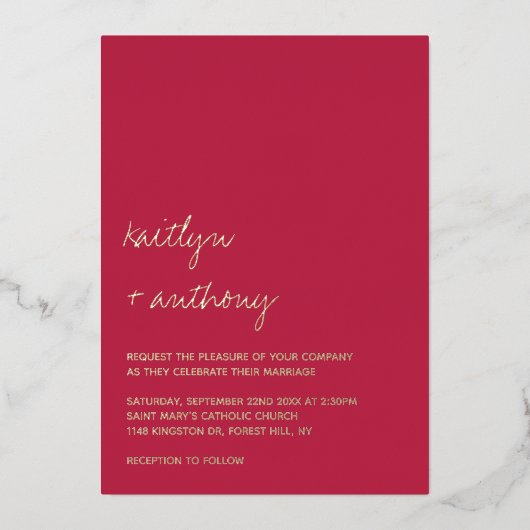 Modern Script Viva Magenta minimalistisch huwelijk Folie Uitnodiging (Voorkant)