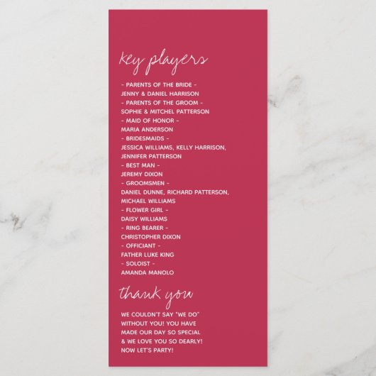 Modern Script Viva Magenta minimalistisch huwelijk Programmakaart (Achterkant)