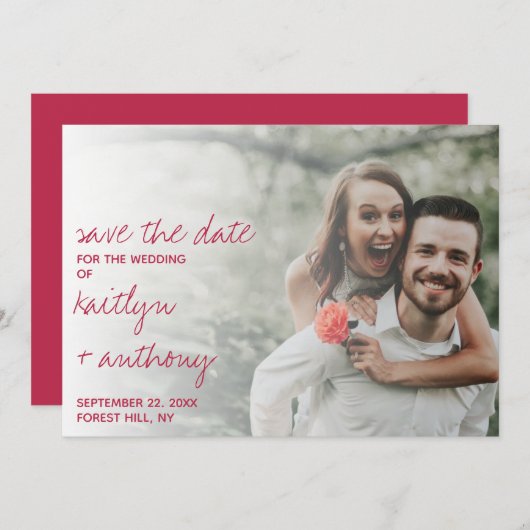 Modern Script Viva Magenta Minimalistische Foto Save The Date (Voorkant / Achterkant)