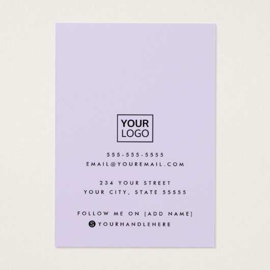 Modern script voegt logo paarse oorring display ca visitekaartje (Achterkant)