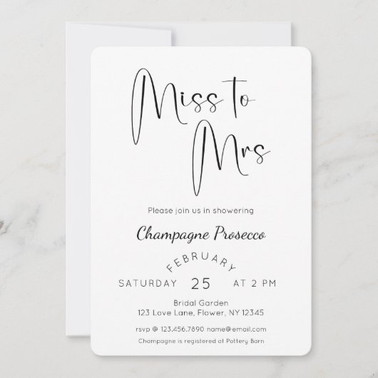 Modern Script Vrijgezellenfeest Miss to Mrs. Kaart (Voorkant)