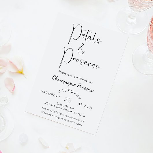 Modern Script Vrijgezellenfeest Petals en Prosecco Kaart