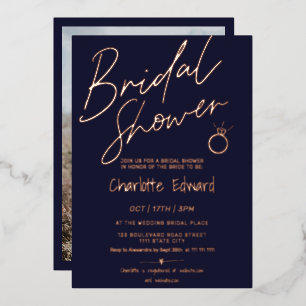 Modern script vrijgezellenfeest ring roos goud folie uitnodiging