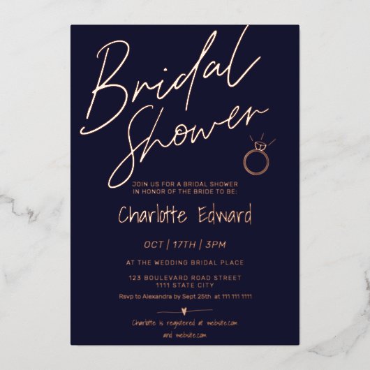 Modern script vrijgezellenfeest ring roos goud folie uitnodiging (Voorkant)