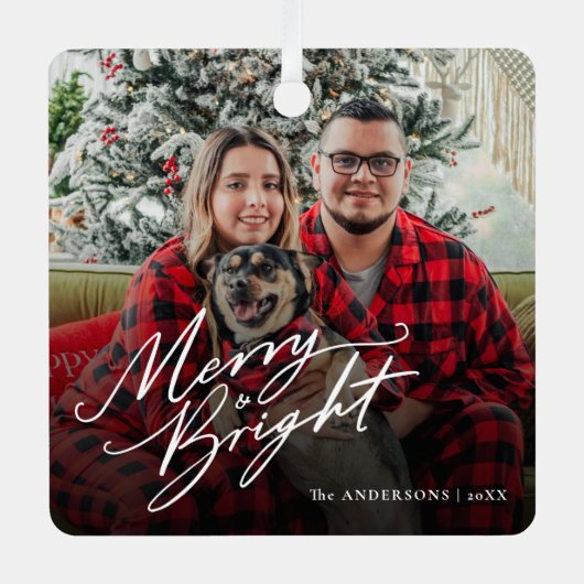 Modern Script Vrolijk en helder kerstfoto Metalen Ornament (Voorkant)