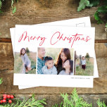 Modern Script Vrolijk Kerstfeest Drie Foto Feestdagenkaart<br><div class="desc">Dit mooie vakantie foto briefkaart beschikt over drie foto's en de begroeting "Merry Christmas". Het ontwerp is eenvoudig maar elegant. Dit ontwerp is geschikt voor twee verticale en één horizontale foto's. Aan de achterzijde vindt u voldoende ruimte om uw eigen persoonlijke begroeting en het adres van de ontvanger te schrijven....</div>