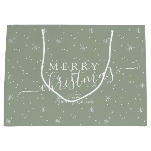 Modern Script Vrolijk Kerstfeest Sneeuw Wijze Groe Groot Cadeauzakje (Voorkant)