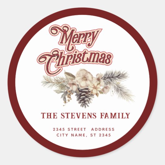 Modern script Vrolijk kerstgrenen kegel bloemig Ronde Sticker (Voorkant)