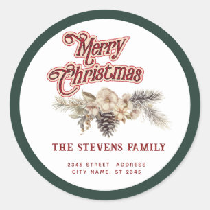 Modern script Vrolijk kerstgrenen kegel bloemig Ronde Sticker