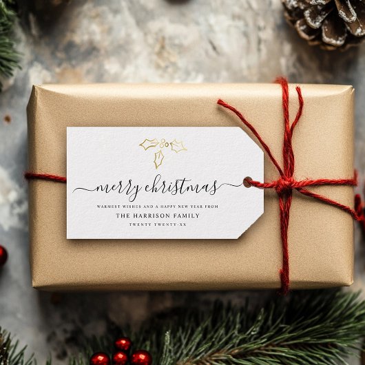 Modern Script Vrolijk Kerstmisgoud Mistletoe Cadeaulabel