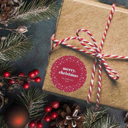 Modern script Vrolijk kerstvakantie rood Ronde Sticker