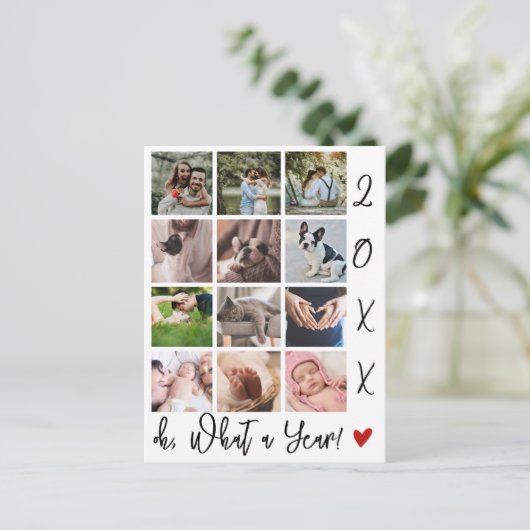 Modern Script Wat een jaar fotocollage Feestdagenkaart (Staand voorkant)