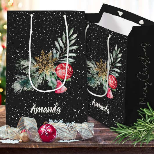 Modern Script Waterverf Bladeren Prettig Kerstfees Medium Cadeauzakje
