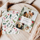 Modern Script Waterverf Botanical 3 Foto Feestdagenkaart<br><div class="desc">Dit collectie is voorzien van waterverf rode bloemen,  bessen & wintergroen met een moderne en elegante typografie,  met een winterbotanische patroonrug.</div>