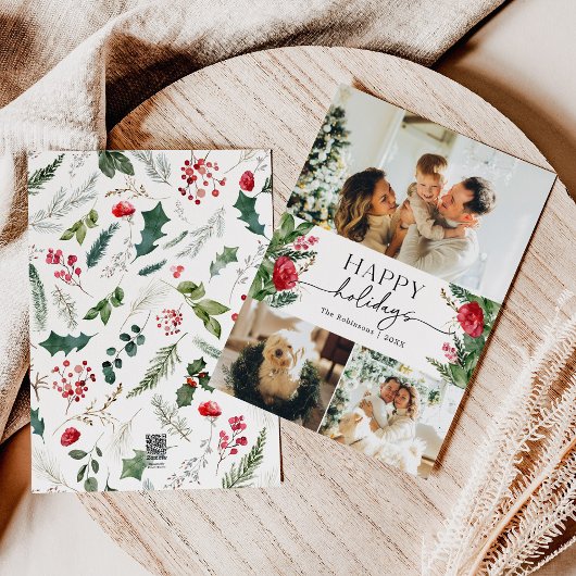 Modern Script Waterverf Botanical 3 Foto Feestdagenkaart