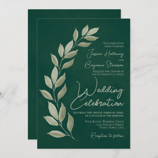 Modern Script Waterverf Emerald Greenery Wedding Kaart (Voorkant / Achterkant)