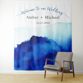 Modern Script Waterverf Indigo Blauwe Bruiloft Wandkleed