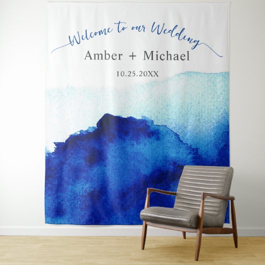 Modern Script Waterverf Indigo Blauwe Bruiloft Wandkleed (In situ)
