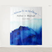 Modern Script Waterverf Indigo Blauwe Bruiloft Wandkleed (Voorkant)