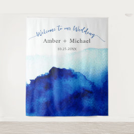 Modern Script Waterverf Indigo Blauwe Bruiloft Wandkleed