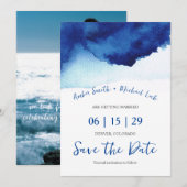 Modern Script Waterverf Indigo Blauwe Foto Save The Date (Voorkant / Achterkant)