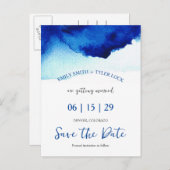 Modern Script Waterverf Indigo Blue Bewaar de datu Aankondigingskaart (Voorkant / Achterkant)