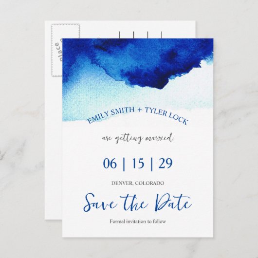 Modern Script Waterverf Indigo Blue Bewaar de datu Aankondigingskaart (Voorkant / Achterkant)