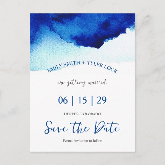 Modern Script Waterverf Indigo Blue Bewaar de datu Aankondigingskaart (Voorkant)