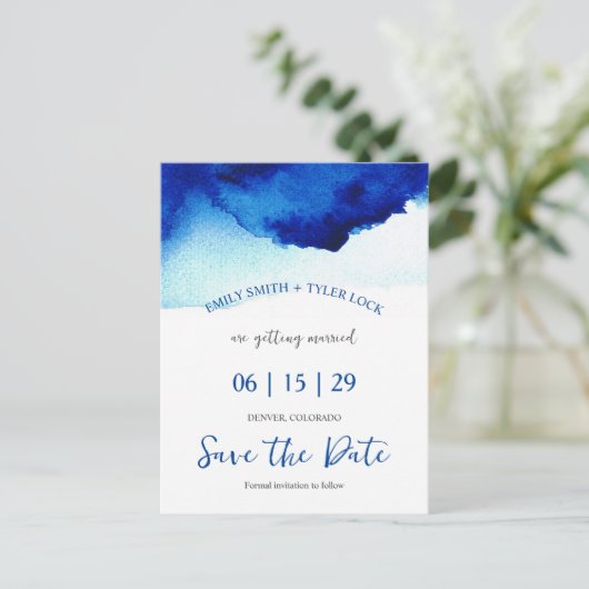 Modern Script Waterverf Indigo Blue Bewaar de datu Aankondigingskaart (Staand voorkant)