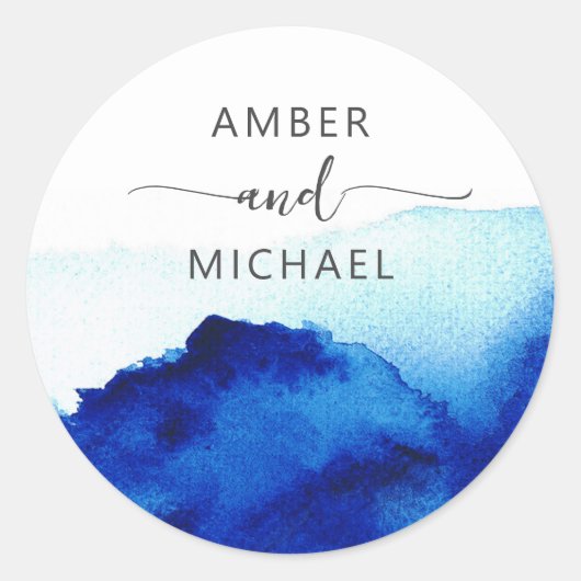 Modern Script Waterverf Indigo Blue Envelope Seal Ronde Sticker (Voorkant)